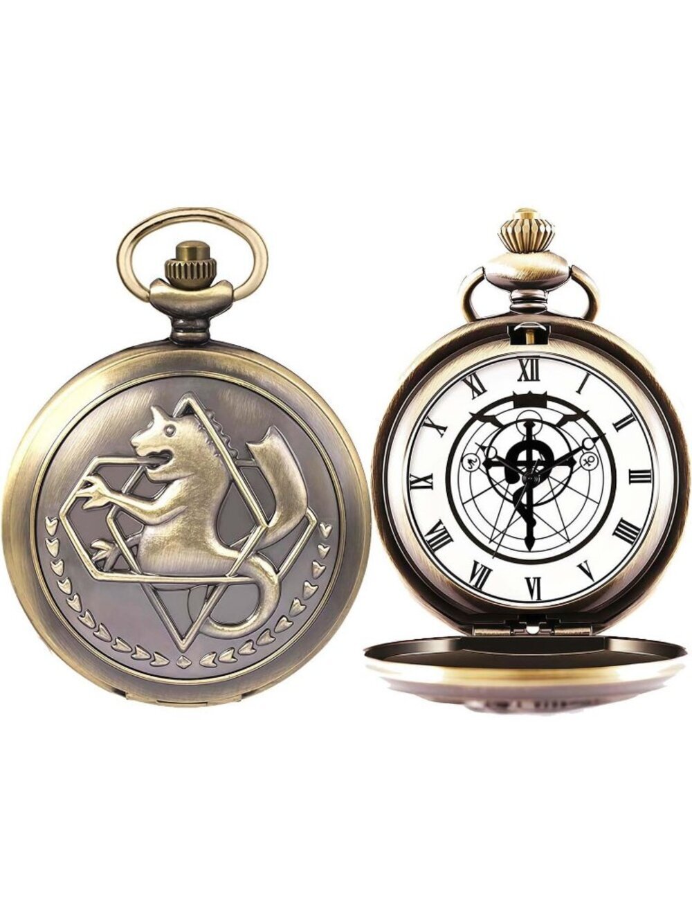 Men's Tan Quartz Engraved Fulmetal Alchenist Arabic Numerals Chain Pocket Watch - Picture 5 of 7